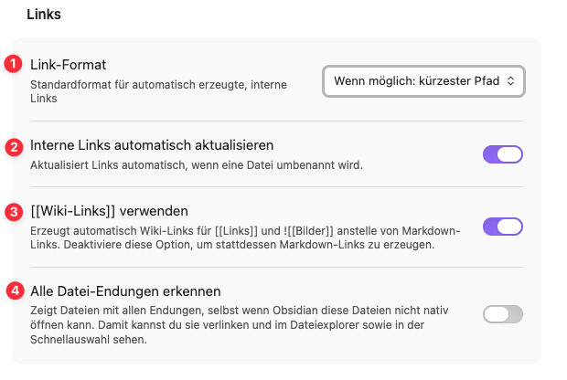 Einstellung Links