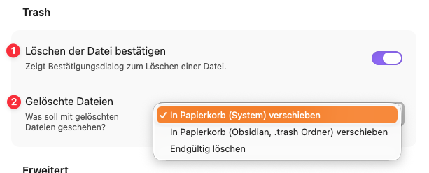 Papierkorb Einstellungen