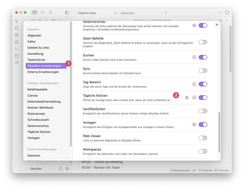 Einstellungen für Tägliche Notizen Einstellungsfenster von den "Täglichen Notizen"