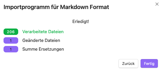 Importprogramm für Markdown Erfolgsmeldung