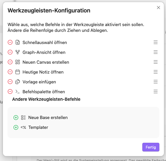 Konfiguration der Werkzeugleiste Konfiguration der Werkzeugleiste