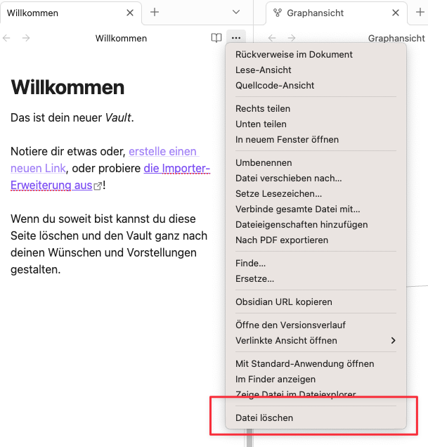 Der Willkommensbildschrm von Obsidian