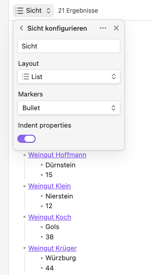 Einstellung  List-Ansicht mit Indent Properties