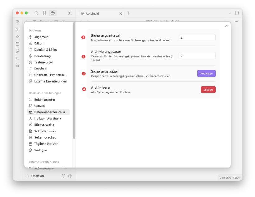 Dateiwiederherstellung Einstellungen