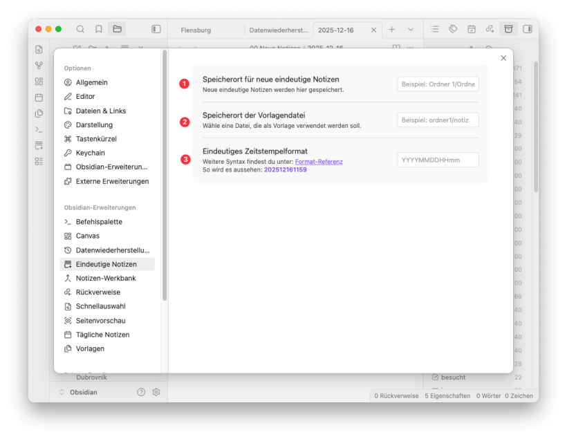 Eindeutige Notizen Einstellungen