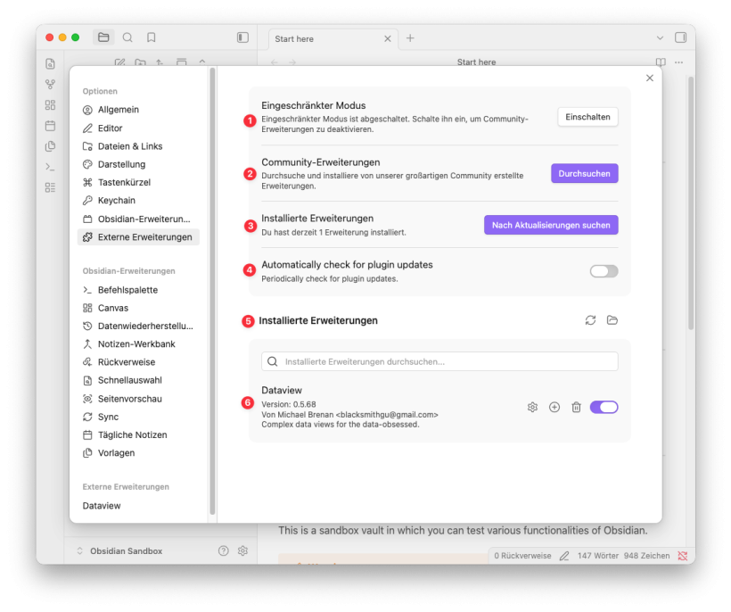 Externe Erweiterungen Einstellungen