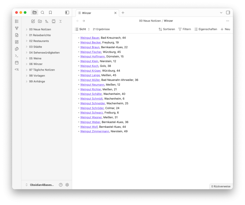 List-Ansicht, Notizname und Adresse
