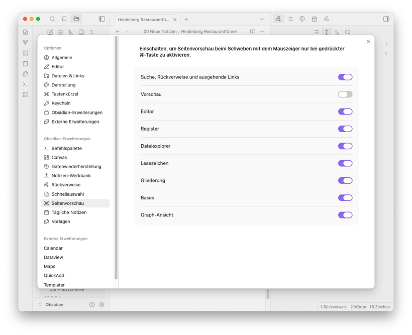 Seitenvorschau Einstellungen