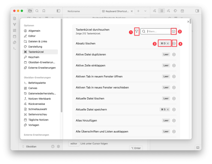 Tastenkürzel Übersicht