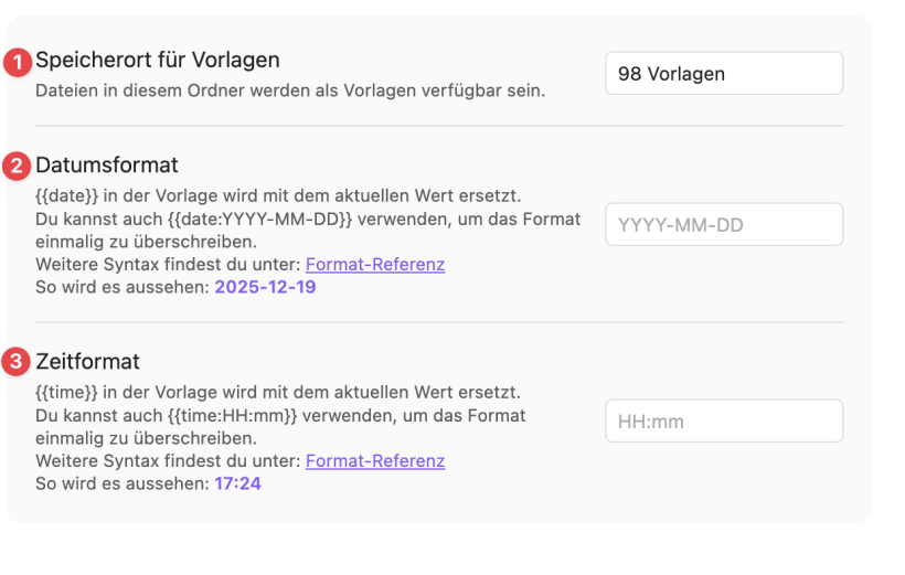 Vorlagen Einstellungen